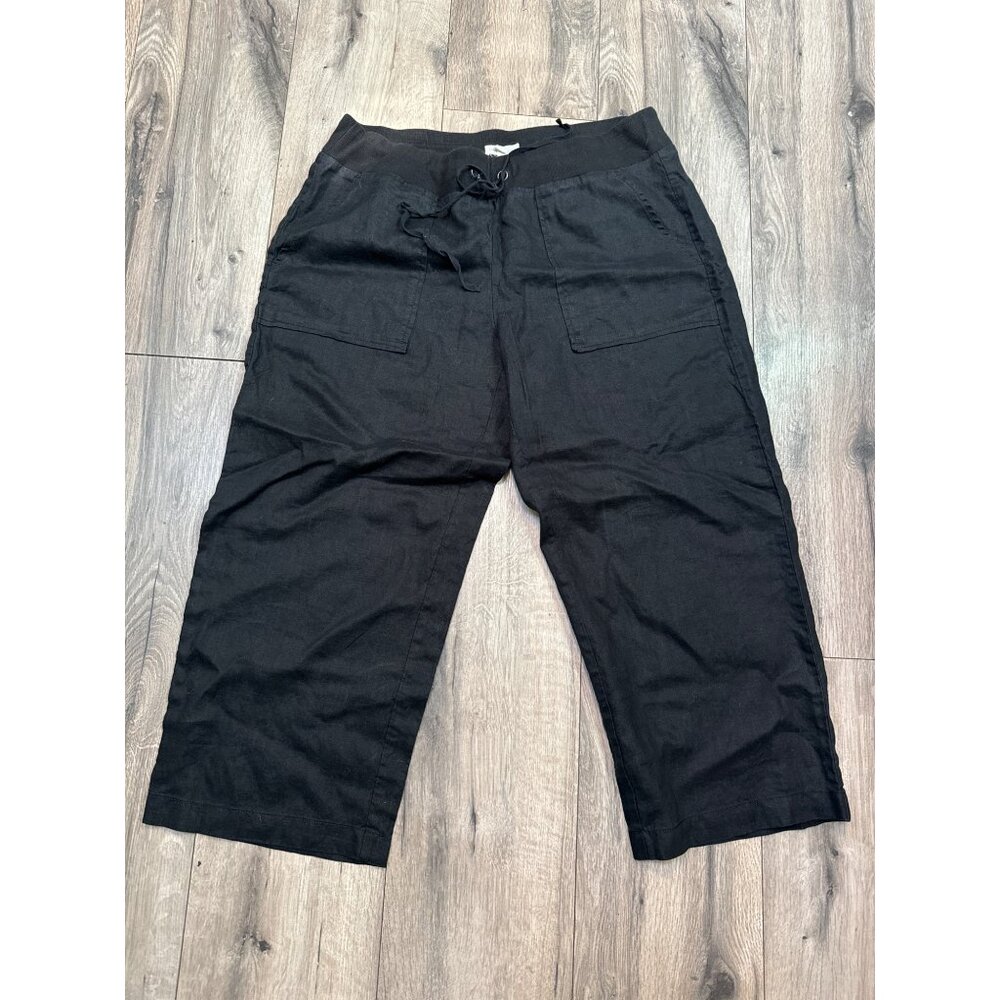Eileen Fisher Black Linen Blend Cropped Pants Womens L with Drawstring Waist & F
